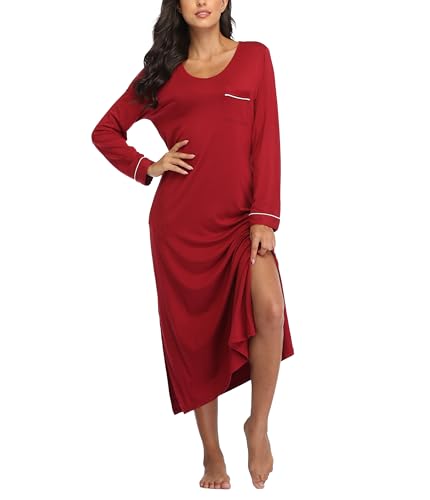 COLORFULLEAF Nachthemd Damen Lang Schlafshirt V-Ausschnitt Nachtwäsche Sexy Langarm Nachtkleid Frauen mit Taschen Weiche Schlafhemd Sleepshirt(Weinrot,XL) von COLORFULLEAF