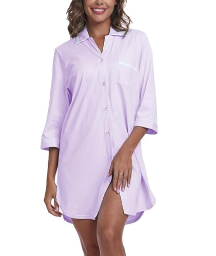 COLORFULLEAF Nachthemd Damen Kurzarm Baumwolle Stillnachthemd Damen Schlafshirt mit Knopfleiste Hemdkleid Damen(Violett,2XL) von COLORFULLEAF