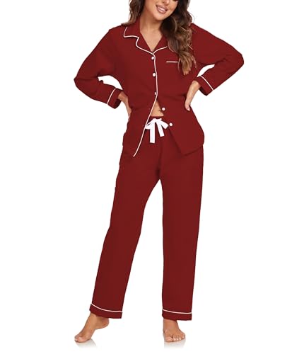 COLORFULLEAF Pyjama Damen 100% Baumwolle mit Knöpfen Langarm Schlafanzug für Frauen Lang Zweiteiliger Nachtwäsche mit Taschen(Weinrot M) von COLORFULLEAF