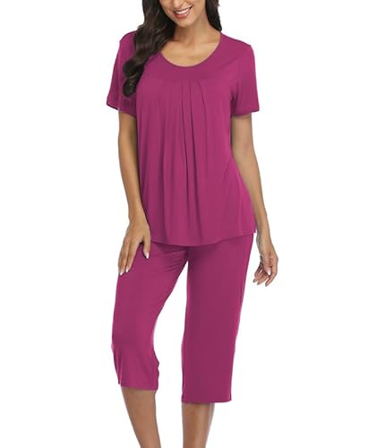 COLORFULLEAF Schlafanzug Damen Still Pyjama Set Zweiteiler Damen Sommer Leichter Kurzarm Nachtwäsche und Schlafanzug 3/4 Hose(Fuchsie,L) von COLORFULLEAF