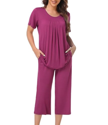 COLORFULLEAF Damen Schlafanzug Kurzarm Pyjama Set aus Bambus Zweiteiliger Kurzarm Nachtwäsche und Schlafanzug 3/4 Hose(Fuchsie,L) von COLORFULLEAF