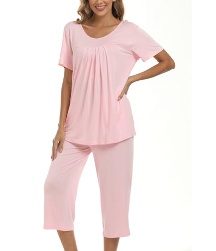 COLORFULLEAF Schlafanzug Damen Pyjama Set Zweiteiler Damen Sommer Kurzarm Nachtwäsche und 3/4 Lang Schlafanzughosen(Rosa,L) von COLORFULLEAF