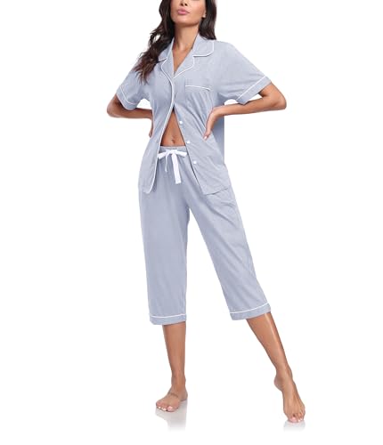 COLORFULLEAF Damen Schlafanzug aus 100% Baumwolle Sommer Pyjama Capri Set Zweiteiliger Kurzarm Top mit Knöpfe und 3/4 Hose(Hellgrau,M) von COLORFULLEAF