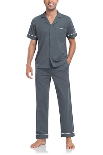 COLORFULLEAF 100% Baumwolle Herren Schlafanzug Pyjama Kurzarm Lange Hose Zweiteilig Set mit Tasche Pyjamahose Sommer Loungewear Nachtwäsche(Eisengrau,M) von COLORFULLEAF