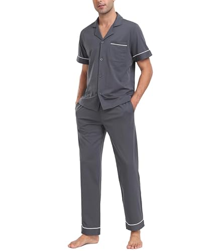 COLORFULLEAF Herren Schlafanzug 100% Baumwolle Kurzarm Pyjama mit Knopfleiste Sommer Zweiteilige Nachtwäsche Loungewear(Eisengrau,S) von COLORFULLEAF