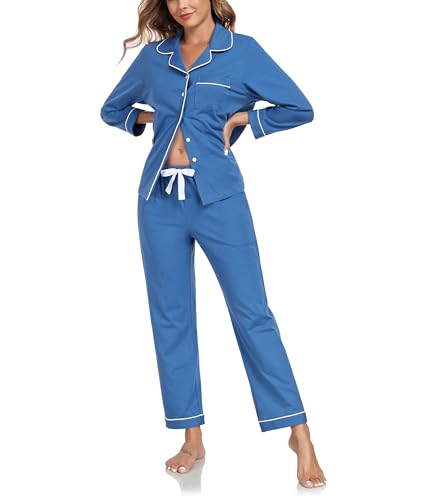 COLORFULLEAF Schlafanzug Damen 100% Baumwolle mit Knopfleiste Langarm Pyjamas Set Zweiteiliger,Lang Nachtwäsche Hausanzug(Azurblau,L) von COLORFULLEAF
