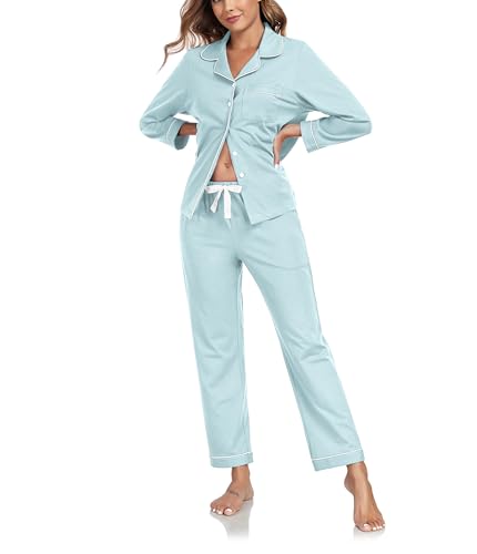 COLORFULLEAF Schlafanzug Damen 100% Baumwolle mit Knopfleiste Langarm Pyjamas Set Zweiteiliger,Lang Nachtwäsche Hausanzug(Meersalz Blau,XL) von COLORFULLEAF