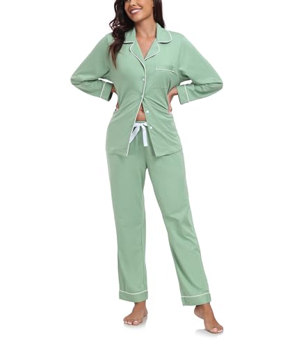 COLORFULLEAF Schlafanzug Damen 100% Baumwolle mit Knopfleiste Langarm Pyjamas Set Zweiteiliger,Lang Nachtwäsche Hausanzug(Salbei Grün,XXL) von COLORFULLEAF