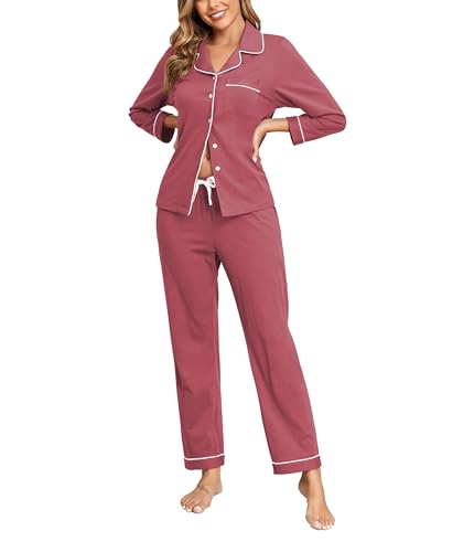 COLORFULLEAF Schlafanzug Damen 100% Baumwolle mit Knopfleiste Langarm Pyjamas Set Zweiteiliger,Lang Nachtwäsche Hausanzug(Violettro,XL) von COLORFULLEAF