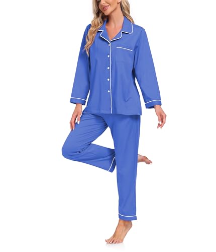 COLORFULLEAF Schlafanzug Damen 100% Baumwolle mit Knopfleiste Langarm Pyjamas Set Zweiteiliger Lang Nachtwäsche Hausanzug(Blau XXL) von COLORFULLEAF