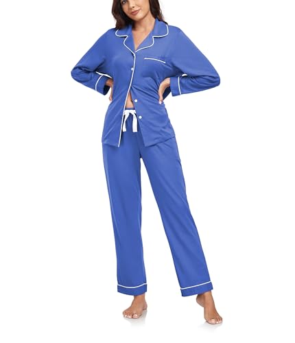 COLORFULLEAF Schlafanzug Damen Lang Baumwolle Pyjama Set mit Knöpfen Langarm Nachtanzug Frauen Zweiteiliger Nachtwäsche Hausanzug mit Tache(Blau,XXL) von COLORFULLEAF