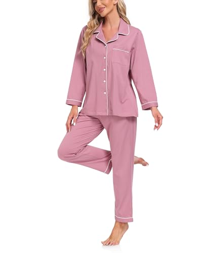 COLORFULLEAF Schlafanzug Damen 100% Baumwolle mit Knopfleiste Langarm Pyjamas Set Zweiteiliger,Lang Nachtwäsche Hausanzug(Düstere Rose,M) von COLORFULLEAF