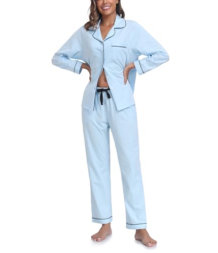 COLORFULLEAF Schlafanzug Damen 100% Baumwolle mit Knopfleiste Langarm Pyjamas Set Zweiteiliger Lang Nachtwäsche Hausanzug(Hellblau L) von COLORFULLEAF