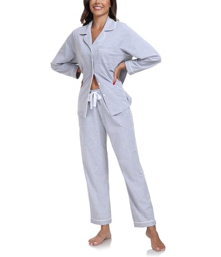 COLORFULLEAF Schlafanzug Damen 100% Baumwolle mit Knopfleiste Langarm Pyjamas Set Zweiteiliger,Lang Nachtwäsche Hausanzug(Hellgrau,M) von COLORFULLEAF