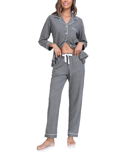 COLORFULLEAF Schlafanzug Damen 100% Baumwolle mit Knopfleiste Langarm Pyjamas Set Zweiteiliger Lang Nachtwäsche Hausanzug(Dunkelgrau L) von COLORFULLEAF