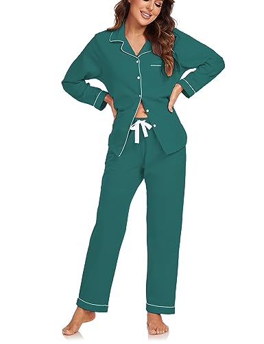 COLORFULLEAF Damen Schlafanzug 100% Baumwolle mit Knopfleiste Langarm Pyjamas Set Zweiteiliger Lang Nachtwäsche Hausanzug (Grün XXL) von COLORFULLEAF