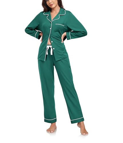 COLORFULLEAF Schlafanzug Damen Lang Baumwolle mit Knopfleiste Langarm Pyjama Set Nachtwäsche Schlafanzüge für Frauen Zweiteiler(Grün,2XL) von COLORFULLEAF