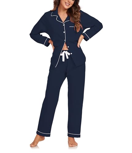 COLORFULLEAF Schlafanzug Damen 100% Baumwolle mit Knopfleiste Langarm Pyjamas Set Zweiteiliger Lang Nachtwäsche Hausanzug(Navy Blau S) von COLORFULLEAF