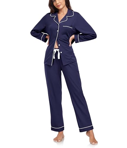 COLORFULLEAF Schlafanzug Damen Lang Baumwolle mit Knopfleiste Langarm Pyjama Set Nachtwäsche Schlafanzüge für Frauen Zweiteiler(Navy Blau,XL) von COLORFULLEAF