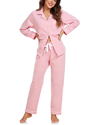 COLORFULLEAF Pyjama Damen 100% Baumwolle mit Knöpfen Langarm Schlafanzug für Frauen Lang Zweiteiliger Nachtwäsche mit Taschen(Rosa XL) von COLORFULLEAF