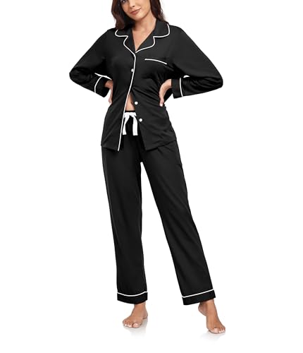 COLORFULLEAF Schlafanzug Damen 100% Baumwolle mit Knopfleiste Langarm Pyjamas Set Zweiteiliger Nachtwäsche Hausanzug(Schwarz,2XL) von COLORFULLEAF