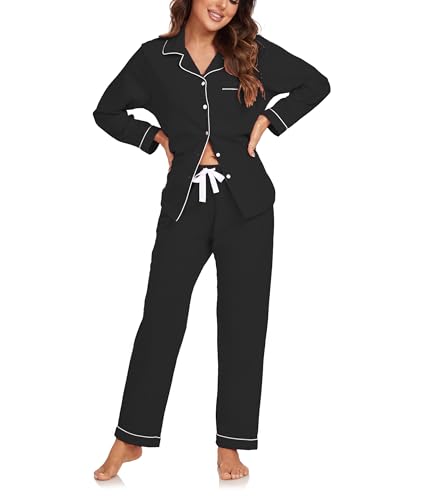 COLORFULLEAF Damen Schlafanzug 100% Baumwolle mit Knopfleiste Langarm Pyjamas Set Zweiteiliger Lang Nachtwäsche Hausanzug (Schwarz L) von COLORFULLEAF