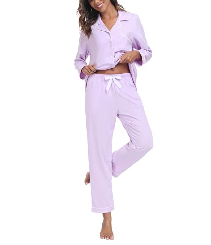 COLORFULLEAF Schlafanzug Damen 100% Baumwolle mit Knopfleiste Langarm Pyjamas Set Zweiteiliger Lang Nachtwäsche Hausanzug(Violett L) von COLORFULLEAF