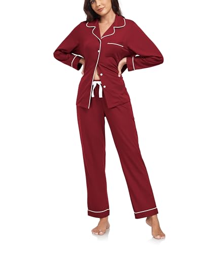 COLORFULLEAF Schlafanzug Damen Lang Baumwolle mit Knopfleiste Langarm Pyjama Set Nachtwäsche Schlafanzüge für Frauen Zweiteiler(Weinrot,2XL) von COLORFULLEAF