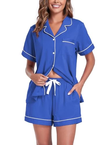 COLORFULLEAF Schlafanzug Damen Kurz 100% Baumwolle Pyjama Set mit Knöpfe Zweiteiliger Sommer Nachtwäsche Hausanzug(Blau,XL) von COLORFULLEAF