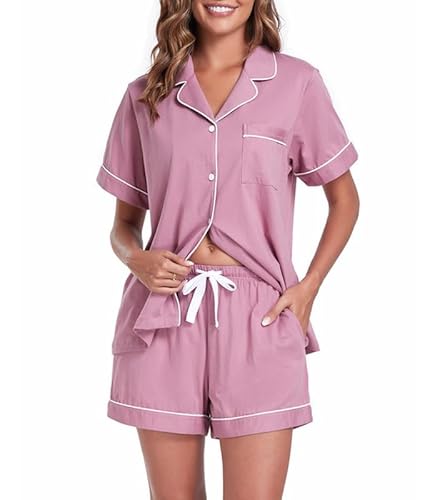 COLORFULLEAF Schlafanzug Damen Kurz Pyjama Set mit Knöpfe 100% Baumwolle Zweiteiliger Sommer Nachtwäsche Hausanzug(Düstere Rose,S) von COLORFULLEAF