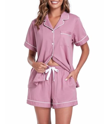 COLORFULLEAF Schlafanzug Damen Kurz 100% Baumwolle Pyjama Set mit Knöpfe Zweiteiliger Sommer Nachtwäsche Hausanzug(Düstere Rose,S) von COLORFULLEAF