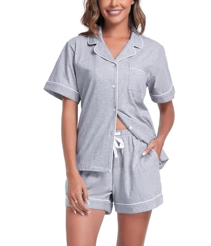 COLORFULLEAF Schlafanzug Damen Kurz 100% Baumwolle Pyjama Set mit Knöpfe Zweiteiliger Sommer Nachtwäsche Hausanzug(Grau,XL) von COLORFULLEAF
