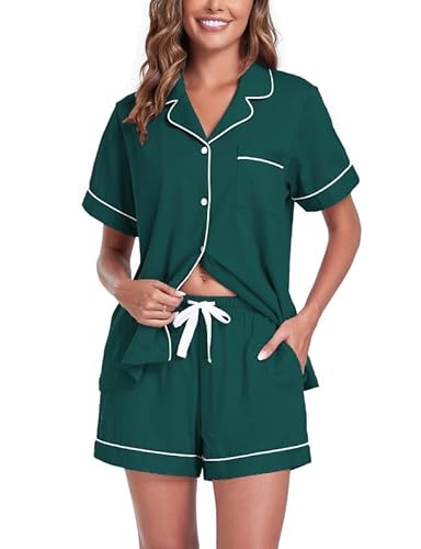 COLORFULLEAF Schlafanzug Damen Kurz Pyjama Set mit Knöpfe 100% Baumwolle Zweiteiliger Sommer Nachtwäsche Hausanzug(Grün,L) von COLORFULLEAF