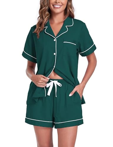 COLORFULLEAF Schlafanzug Damen Kurz Pyjama Set mit Knöpfe 100% Baumwolle Zweiteiliger Sommer Nachtwäsche Hausanzug(Grün,M) von COLORFULLEAF