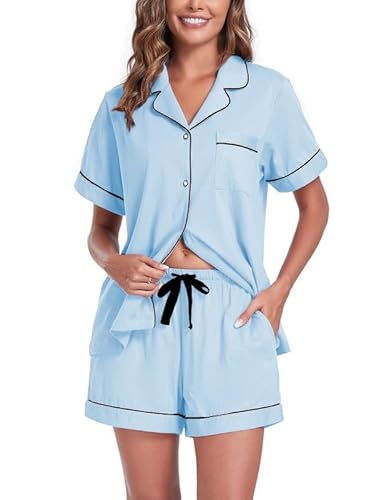 COLORFULLEAF Schlafanzug Damen Kurz 100% Baumwolle Pyjama Set mit Knöpfe Zweiteiliger Sommer Nachtwäsche Hausanzug(Hellblau,2XL) von COLORFULLEAF