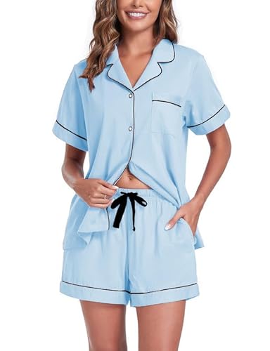 COLORFULLEAF Schlafanzug Damen Kurz Pyjama Set mit Knöpfe 100% Baumwolle Zweiteiliger Sommer Nachtwäsche Hausanzug(Hellblau,L) von COLORFULLEAF