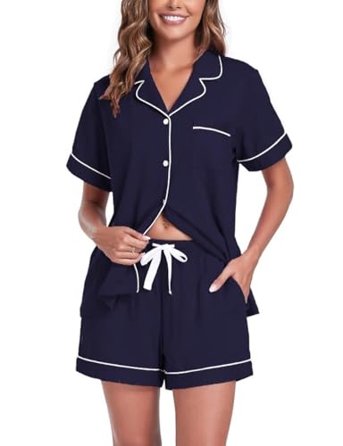 COLORFULLEAF Schlafanzug Damen Kurz 100% Baumwolle Pyjama Set mit Knöpfe Zweiteiliger Sommer Nachtwäsche Hausanzug(Navy Blau,L) von COLORFULLEAF