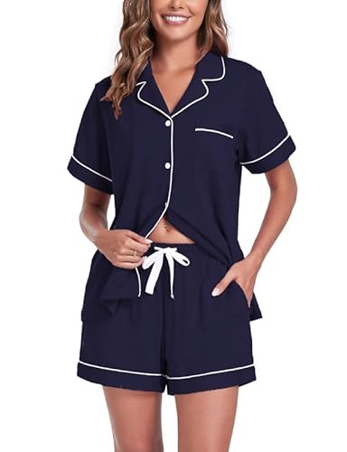 COLORFULLEAF Schlafanzug Damen Kurz Pyjama Set mit Knöpfe 100% Baumwolle Zweiteiliger Sommer Nachtwäsche Hausanzug(Navy Blau,M) von COLORFULLEAF