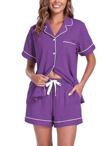COLORFULLEAF Schlafanzug Damen Kurz 100% Baumwolle Pyjama Set mit Knöpfe Zweiteiliger Sommer Nachtwäsche Hausanzug(Pflaume,2XL) von COLORFULLEAF