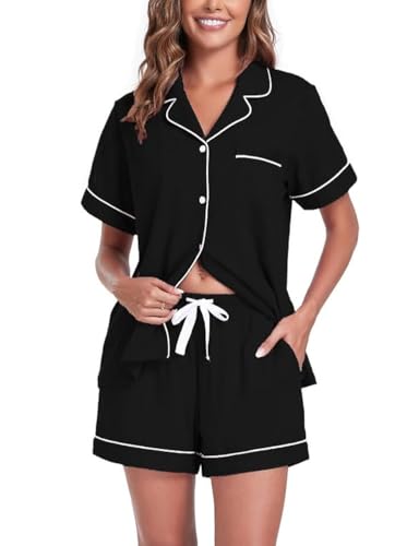 COLORFULLEAF Schlafanzug Damen Kurz 100% Baumwolle Pyjama Set mit Knöpfe Zweiteiliger Sommer Nachtwäsche Hausanzug(Schwarz,L) von COLORFULLEAF