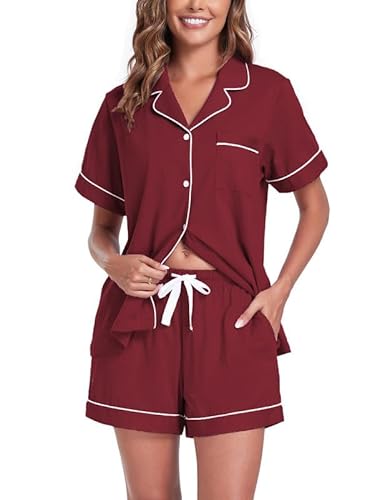 COLORFULLEAF Schlafanzug Damen Kurz Pyjama Set mit Knöpfe 100% Baumwolle Zweiteiliger Sommer Nachtwäsche Hausanzug(Weinrot,L) von COLORFULLEAF