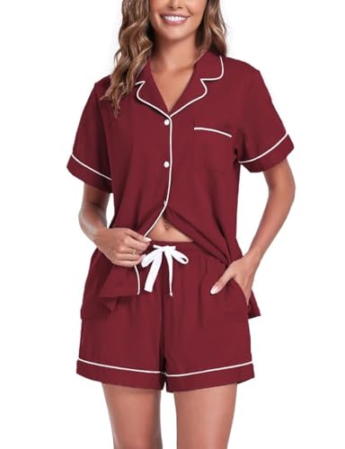 COLORFULLEAF Schlafanzug Damen Kurz 100% Baumwolle Pyjama Set mit Knöpfe Zweiteiliger Sommer Nachtwäsche Hausanzug(Weinrot,M) von COLORFULLEAF