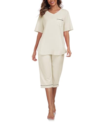 COLORFULLEAF Schlafanzug Damen Capri 100% Baumwolle Pyjamas Set Zweiteiler V-Ausschnitt Nachtwäsche Kurzarm Top und 3/4 Hose(Eierschalenfarbe,XL) von COLORFULLEAF