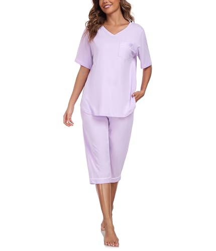 COLORFULLEAF Schlafanzug Damen Capri 100% Baumwolle Pyjamas Set Zweiteiler V-Ausschnitt Nachtwäsche Kurzarm Top und 3/4 Hose(Hellviolett,M) von COLORFULLEAF