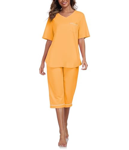 COLORFULLEAF Schlafanzug Damen Capri 100% Baumwolle Pyjamas Set Zweiteiler V-Ausschnitt Nachtwäsche Kurzarm Top und 3/4 Hose(Leuchtendes Gelb,S) von COLORFULLEAF