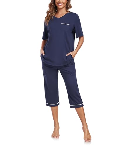 COLORFULLEAF Schlafanzug Damen Capri 100% Baumwolle Pyjamas Set Zweiteiler V-Ausschnitt Nachtwäsche Kurzarm Top und 3/4 Hose(Marineblau,L) von COLORFULLEAF