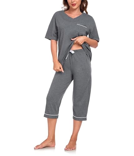 COLORFULLEAF Schlafanzug Damen Capri 100% Baumwolle Pyjamas Set Zweiteiler V-Ausschnitt Nachtwäsche Kurzarm Top und 3/4 Hose(dunkelgrau,S) von COLORFULLEAF