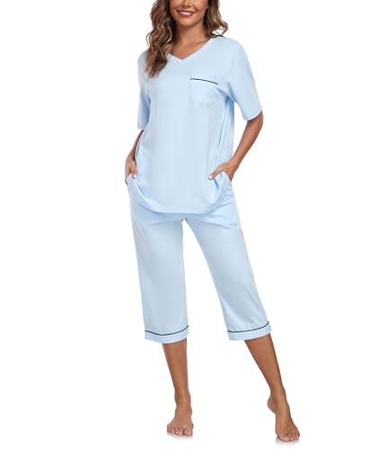 COLORFULLEAF Schlafanzug Damen Capri 100% Baumwolle Pyjamas Set Zweiteiler V-Ausschnitt Nachtwäsche Kurzarm Top und 3/4 Hose(hellblau,S) von COLORFULLEAF