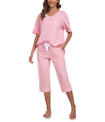 COLORFULLEAF Schlafanzug Damen Capri 100% Baumwolle Pyjamas Set Zweiteiler V-Ausschnitt Nachtwäsche Kurzarm Top und 3/4 Hose(rosa,2XL) von COLORFULLEAF