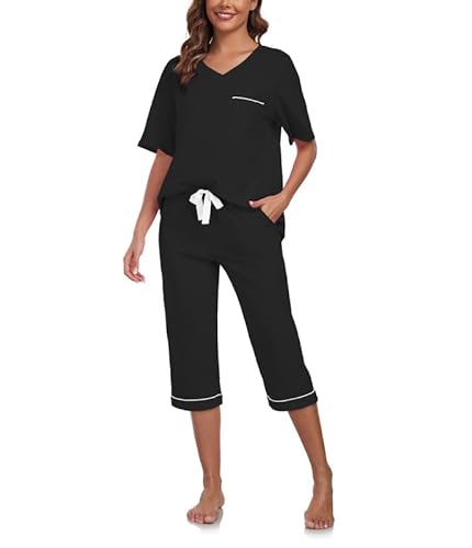 COLORFULLEAF Schlafanzug Damen Capri 100% Baumwolle Pyjamas Set Zweiteiler V-Ausschnitt Nachtwäsche Kurzarm Top und 3/4 Hose(schwarz,XL_New) von COLORFULLEAF